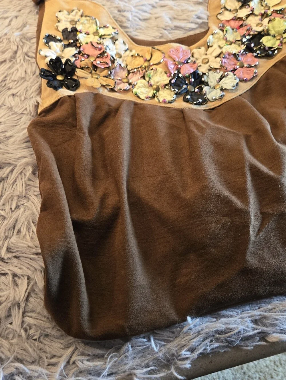 Suede Type Brown Boho bag with Floral Embellishments
